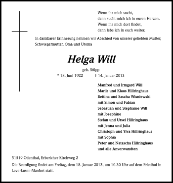 Anzeige von Helga Will von Kölner Stadt-Anzeiger / Kölnische Rundschau / Express