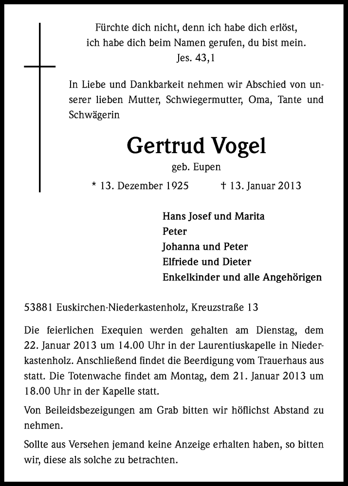  Traueranzeige für Gertrud Vogel vom 16.01.2013 aus Kölner Stadt-Anzeiger / Kölnische Rundschau / Express