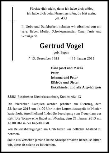 Anzeige von Gertrud Vogel von Kölner Stadt-Anzeiger / Kölnische Rundschau / Express