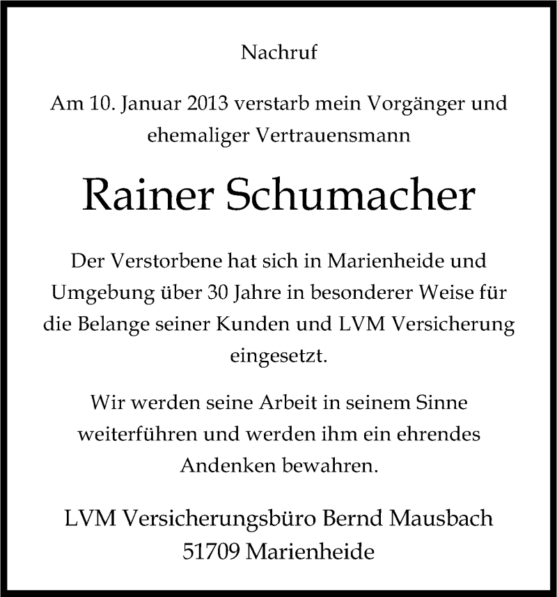  Traueranzeige für Rainer Schumacher vom 16.01.2013 aus Kölner Stadt-Anzeiger / Kölnische Rundschau / Express