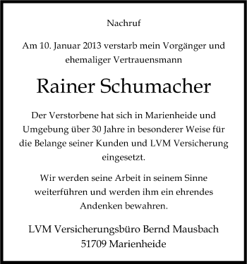 Anzeige von Rainer Schumacher von Kölner Stadt-Anzeiger / Kölnische Rundschau / Express