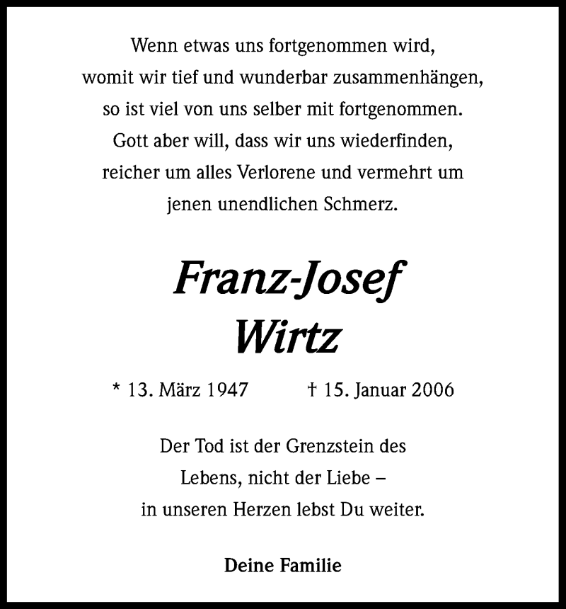  Traueranzeige für Franz-Josef Wirtz vom 16.01.2013 aus Kölner Stadt-Anzeiger / Kölnische Rundschau / Express