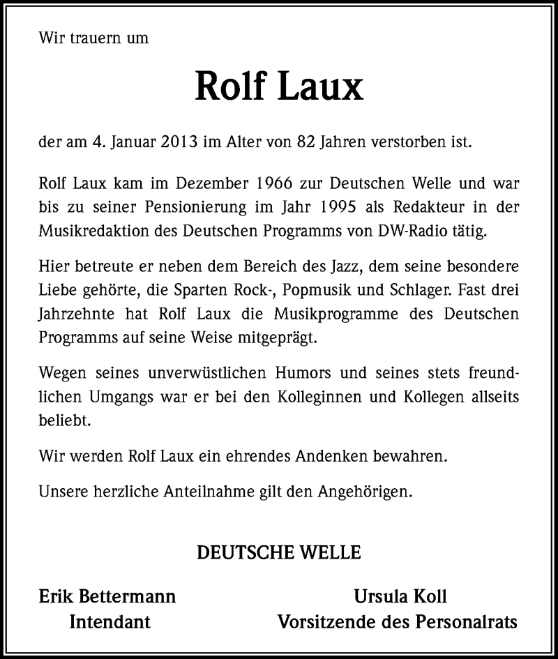  Traueranzeige für Rolf Laux vom 19.01.2013 aus Kölner Stadt-Anzeiger / Kölnische Rundschau / Express
