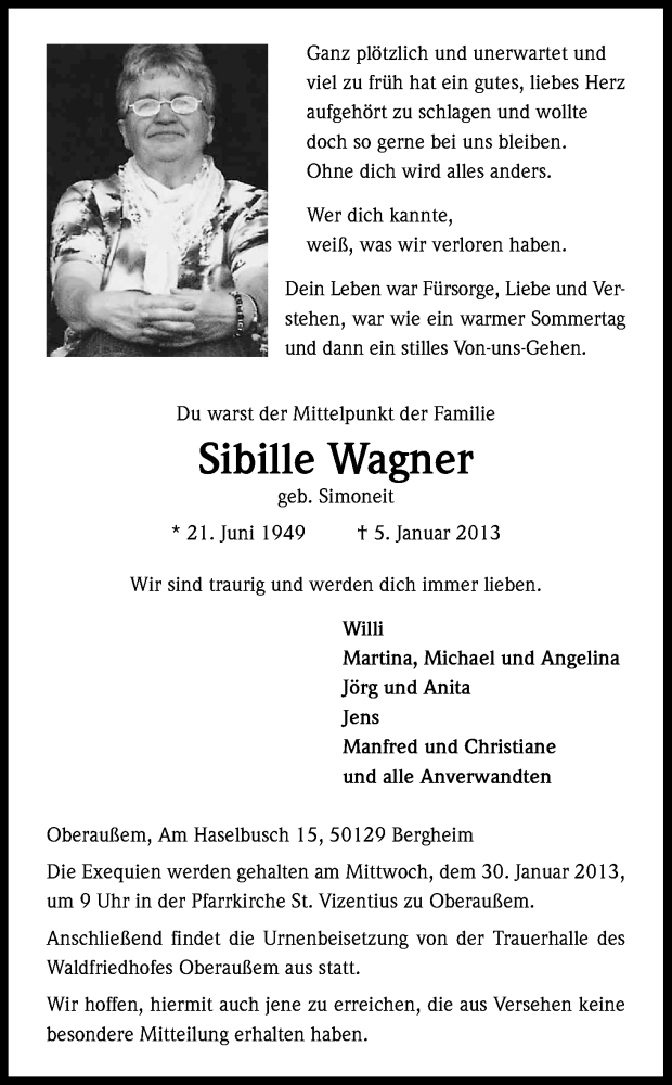  Traueranzeige für Sibille Wagner vom 26.01.2013 aus Kölner Stadt-Anzeiger / Kölnische Rundschau / Express