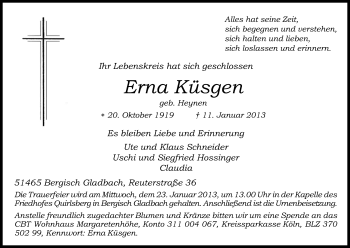Anzeige von Erna Küsgen von Kölner Stadt-Anzeiger / Kölnische Rundschau / Express