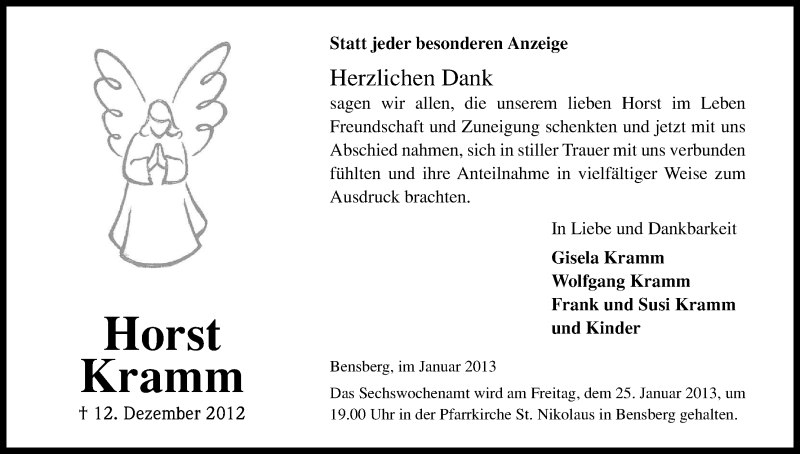  Traueranzeige für Horst Kramm vom 22.01.2013 aus Kölner Stadt-Anzeiger / Kölnische Rundschau / Express