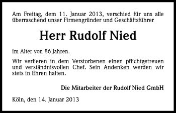 Anzeige von Rudolf Nied von Kölner Stadt-Anzeiger / Kölnische Rundschau / Express