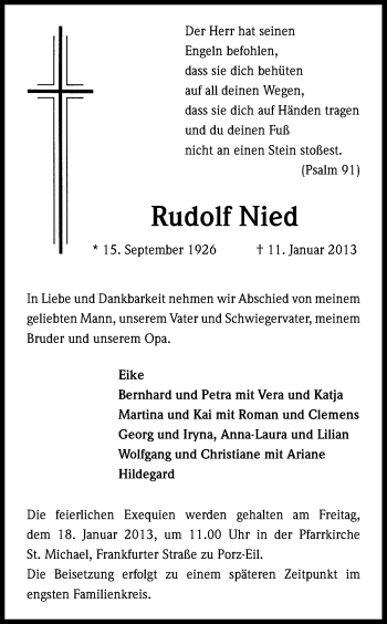 Anzeige von Rudolf Nied von Kölner Stadt-Anzeiger / Kölnische Rundschau / Express