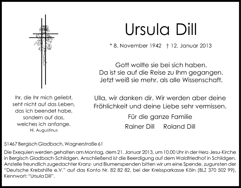  Traueranzeige für Ursula Dill vom 16.01.2013 aus Kölner Stadt-Anzeiger / Kölnische Rundschau / Express