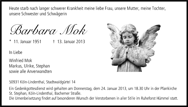  Traueranzeige für Barbara Mok vom 19.01.2013 aus Kölner Stadt-Anzeiger / Kölnische Rundschau / Express