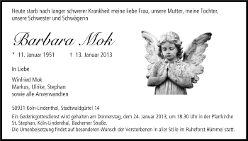 Anzeige von Barbara Mok von Kölner Stadt-Anzeiger / Kölnische Rundschau / Express