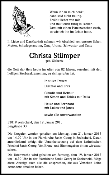 Anzeige von Christa Stümper von Kölner Stadt-Anzeiger / Kölnische Rundschau / Express