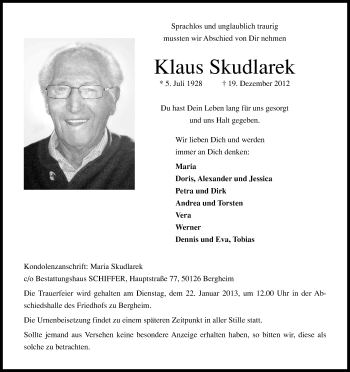 Anzeige von Klaus Skudlarek von Kölner Stadt-Anzeiger / Kölnische Rundschau / Express