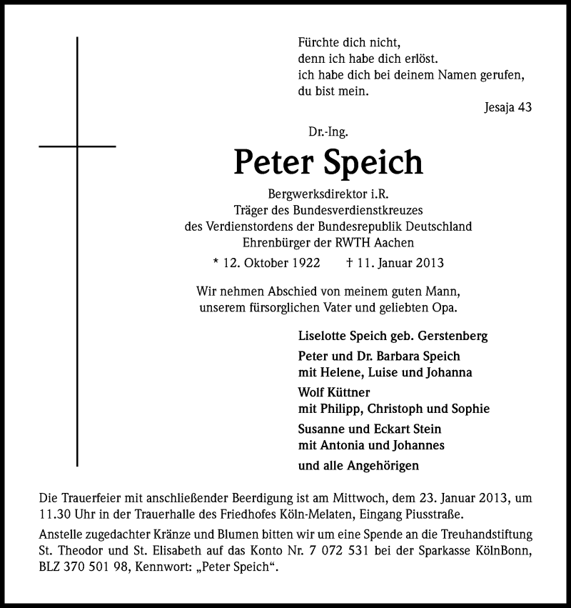  Traueranzeige für Peter Speich vom 19.01.2013 aus Kölner Stadt-Anzeiger / Kölnische Rundschau / Express