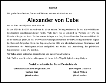 Anzeige von Alexander von Cube von Kölner Stadt-Anzeiger / Kölnische Rundschau / Express