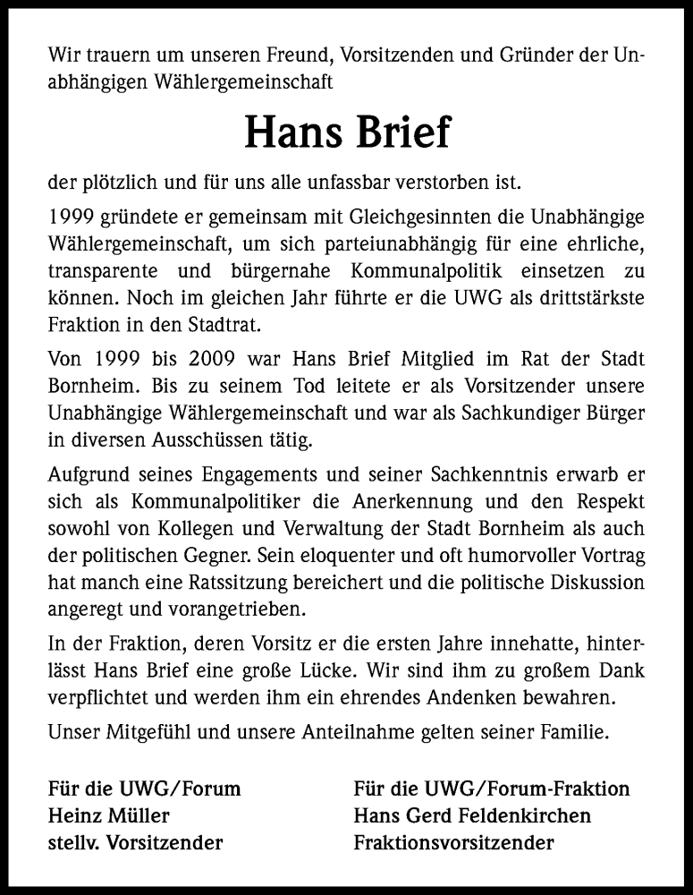  Traueranzeige für Hans Brief vom 17.01.2013 aus Kölner Stadt-Anzeiger / Kölnische Rundschau / Express