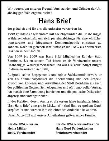 Anzeige von Hans Brief von Kölner Stadt-Anzeiger / Kölnische Rundschau / Express