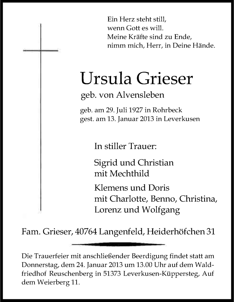  Traueranzeige für Ursula Grieser vom 19.01.2013 aus Kölner Stadt-Anzeiger / Kölnische Rundschau / Express