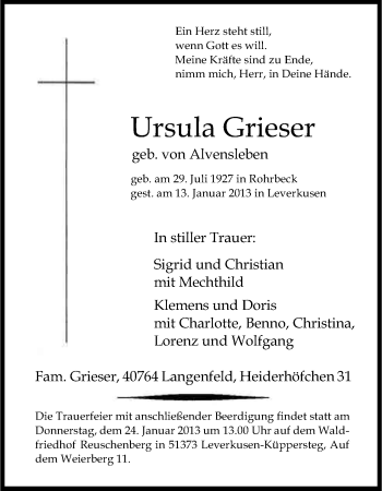 Anzeige von Ursula Grieser von Kölner Stadt-Anzeiger / Kölnische Rundschau / Express