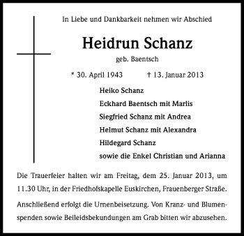 Anzeige von Heidrun Schanz von Kölner Stadt-Anzeiger / Kölnische Rundschau / Express