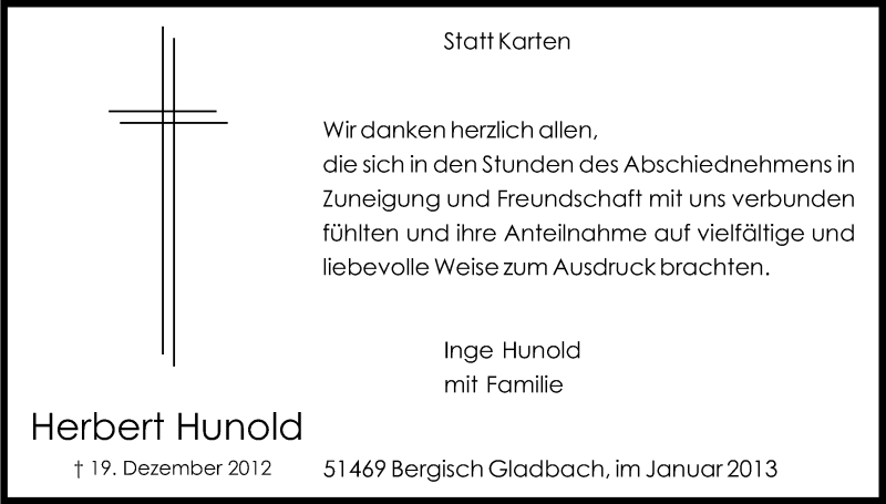  Traueranzeige für Herbert Hunold vom 19.01.2013 aus Kölner Stadt-Anzeiger / Kölnische Rundschau / Express