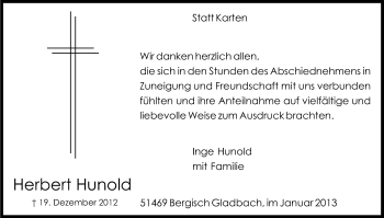 Anzeige von Herbert Hunold von Kölner Stadt-Anzeiger / Kölnische Rundschau / Express