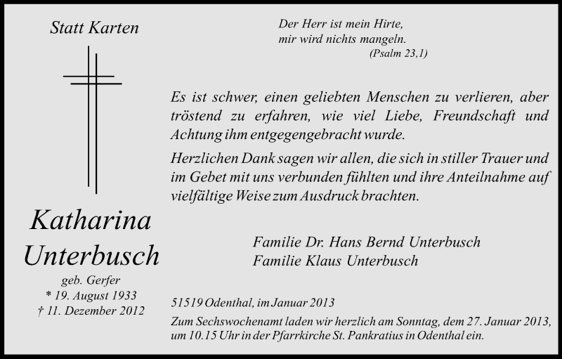  Traueranzeige für Katharina Unterbusch vom 19.01.2013 aus Kölner Stadt-Anzeiger / Kölnische Rundschau / Express