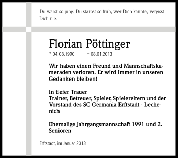 Anzeige von Florian Pöttinger von Kölner Stadt-Anzeiger / Kölnische Rundschau / Express