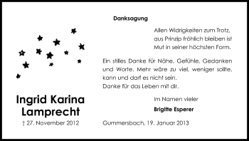 Anzeige von Ingrid Karina Lamprecht von Kölner Stadt-Anzeiger / Kölnische Rundschau / Express