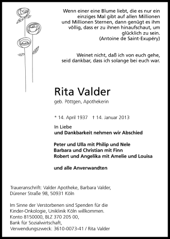 Anzeige von Rita Valder von Kölner Stadt-Anzeiger / Kölnische Rundschau / Express