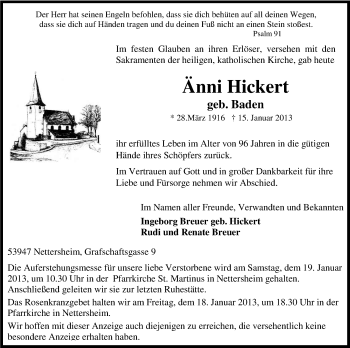 Anzeige von Änni Hickert von Kölner Stadt-Anzeiger / Kölnische Rundschau / Express