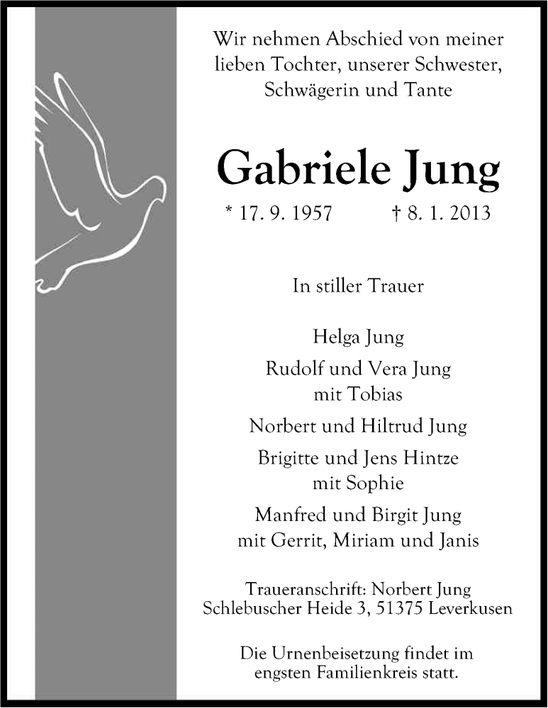  Traueranzeige für Jung Gabriele vom 19.01.2013 aus Kölner Stadt-Anzeiger / Kölnische Rundschau / Express