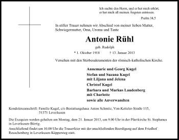 Anzeige von Antonie Rühl von Kölner Stadt-Anzeiger / Kölnische Rundschau / Express