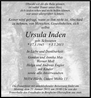 Anzeige von Ursula Inden von Kölner Stadt-Anzeiger / Kölnische Rundschau / Express