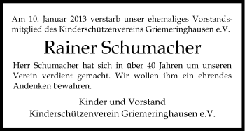 Anzeige von Rainer Schumacher von Kölner Stadt-Anzeiger / Kölnische Rundschau / Express