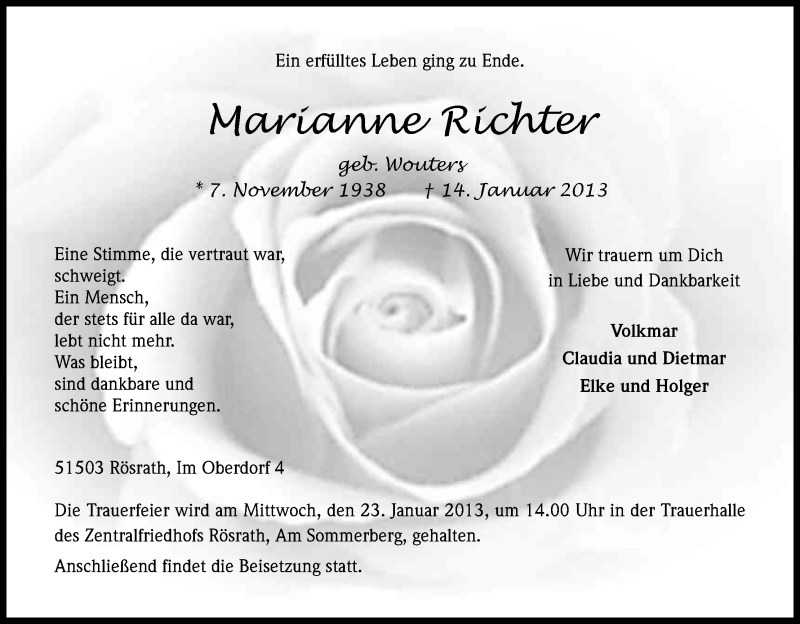  Traueranzeige für Marianne Richter vom 19.01.2013 aus Kölner Stadt-Anzeiger / Kölnische Rundschau / Express