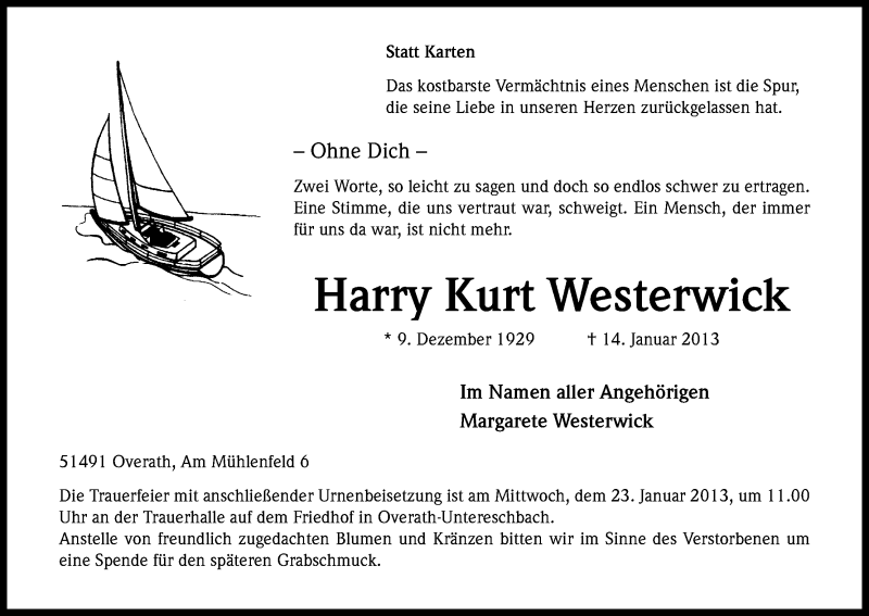  Traueranzeige für Harry Kurt Westerwick vom 17.01.2013 aus Kölner Stadt-Anzeiger / Kölnische Rundschau / Express