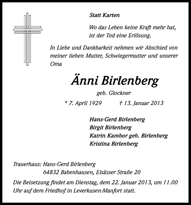  Traueranzeige für Änni Birlenberg vom 17.01.2013 aus Kölner Stadt-Anzeiger / Kölnische Rundschau / Express