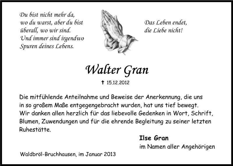  Traueranzeige für Walter Gran vom 26.01.2013 aus Kölner Stadt-Anzeiger / Kölnische Rundschau / Express