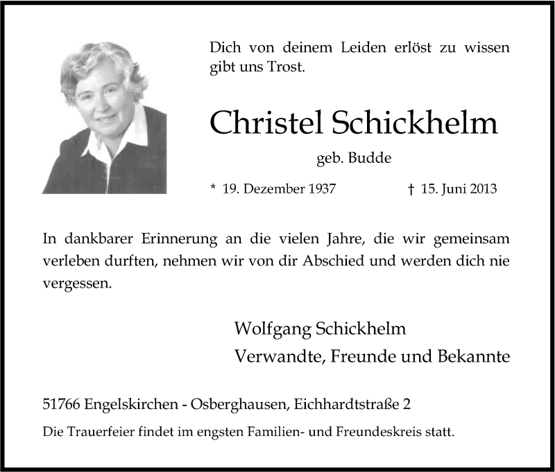  Traueranzeige für Christel Schickhelm vom 17.01.2013 aus Kölner Stadt-Anzeiger / Kölnische Rundschau / Express