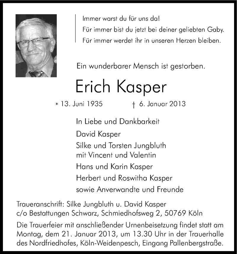  Traueranzeige für Erich Kasper vom 19.01.2013 aus Kölner Stadt-Anzeiger / Kölnische Rundschau / Express