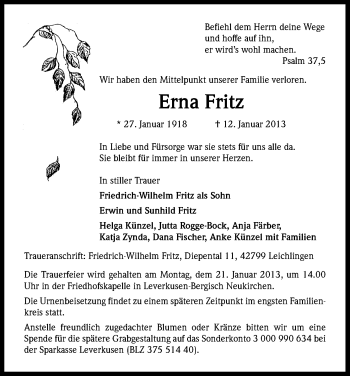 Anzeige von Erna Fritz von Kölner Stadt-Anzeiger / Kölnische Rundschau / Express