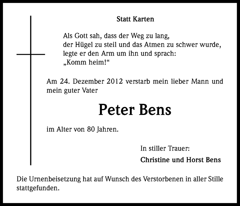  Traueranzeige für Peter Bens vom 19.01.2013 aus Kölner Stadt-Anzeiger / Kölnische Rundschau / Express
