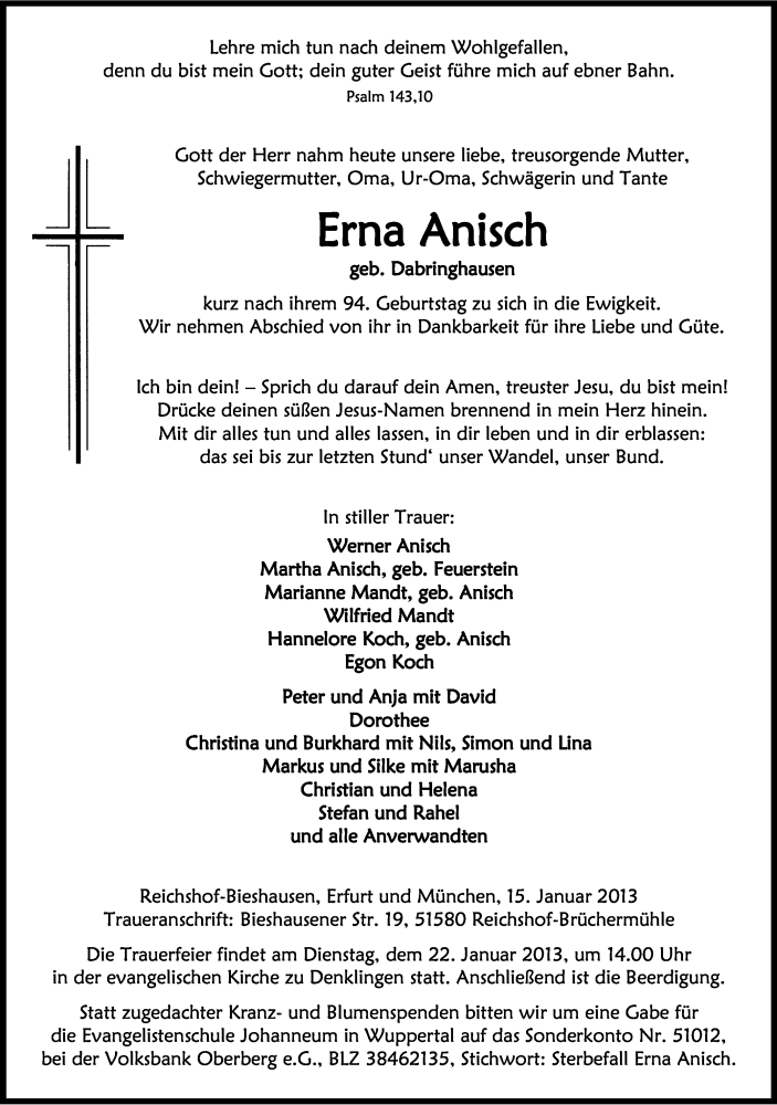  Traueranzeige für Erna Anisch vom 17.01.2013 aus Kölner Stadt-Anzeiger / Kölnische Rundschau / Express