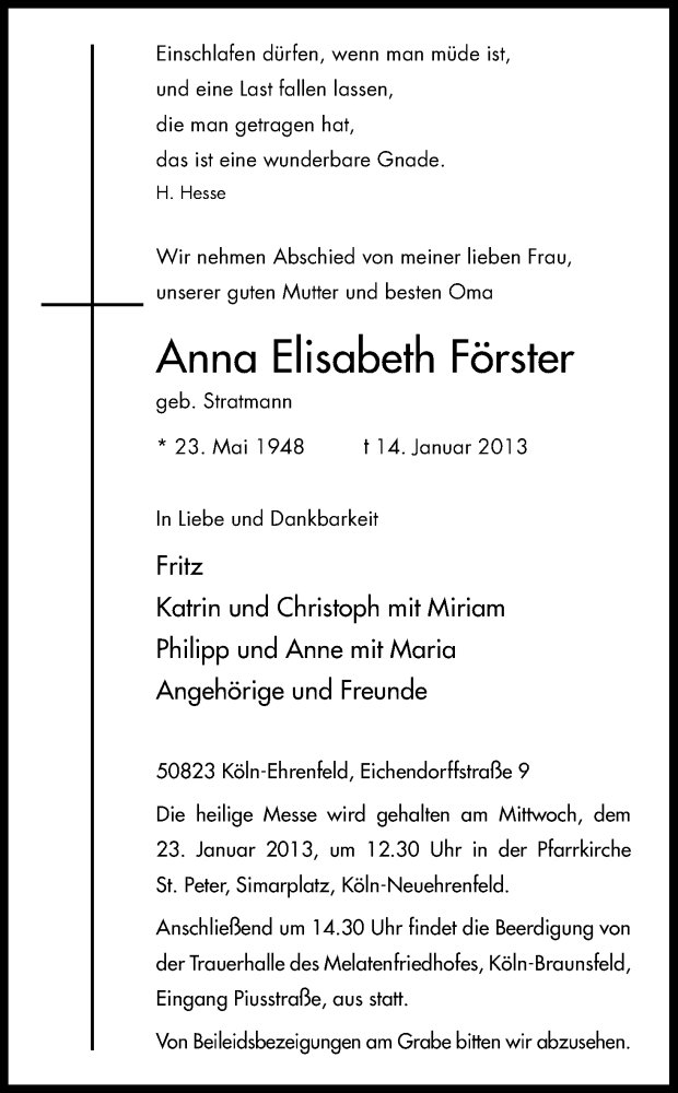  Traueranzeige für Anna Elisabeth Förster vom 19.01.2013 aus Kölner Stadt-Anzeiger / Kölnische Rundschau / Express