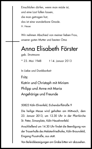 Anzeige von Anna Elisabeth Förster von Kölner Stadt-Anzeiger / Kölnische Rundschau / Express