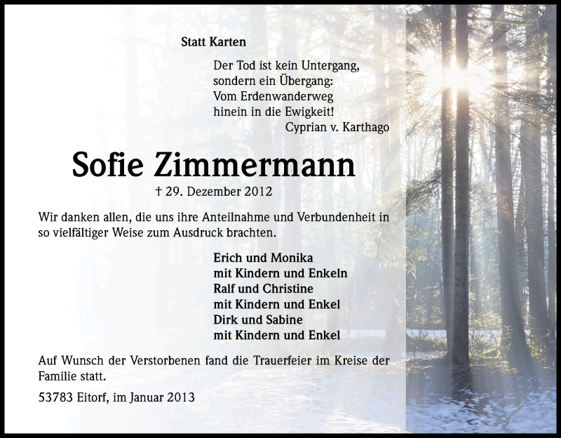  Traueranzeige für Sofie Zimmermann vom 18.01.2013 aus Kölner Stadt-Anzeiger / Kölnische Rundschau / Express
