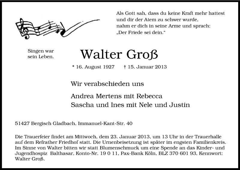  Traueranzeige für Walter Groß vom 17.01.2013 aus Kölner Stadt-Anzeiger / Kölnische Rundschau / Express
