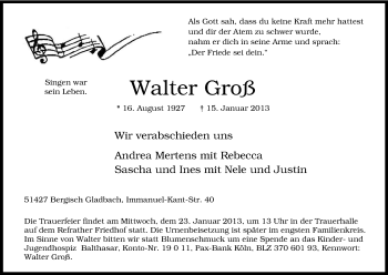 Anzeige von Walter Groß von Kölner Stadt-Anzeiger / Kölnische Rundschau / Express