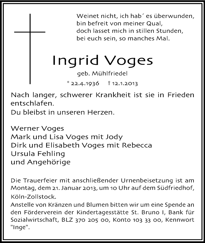  Traueranzeige für Ingrid Voges vom 19.01.2013 aus Kölner Stadt-Anzeiger / Kölnische Rundschau / Express